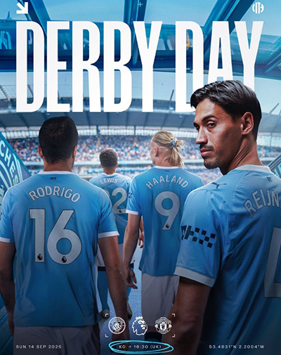 <a href=/zuqiubisa/mancheng/ target=_blank class=infotextkey>曼城</a>晒德比大战海报：哈兰德、罗德里、赖因德斯步入伊蒂哈德